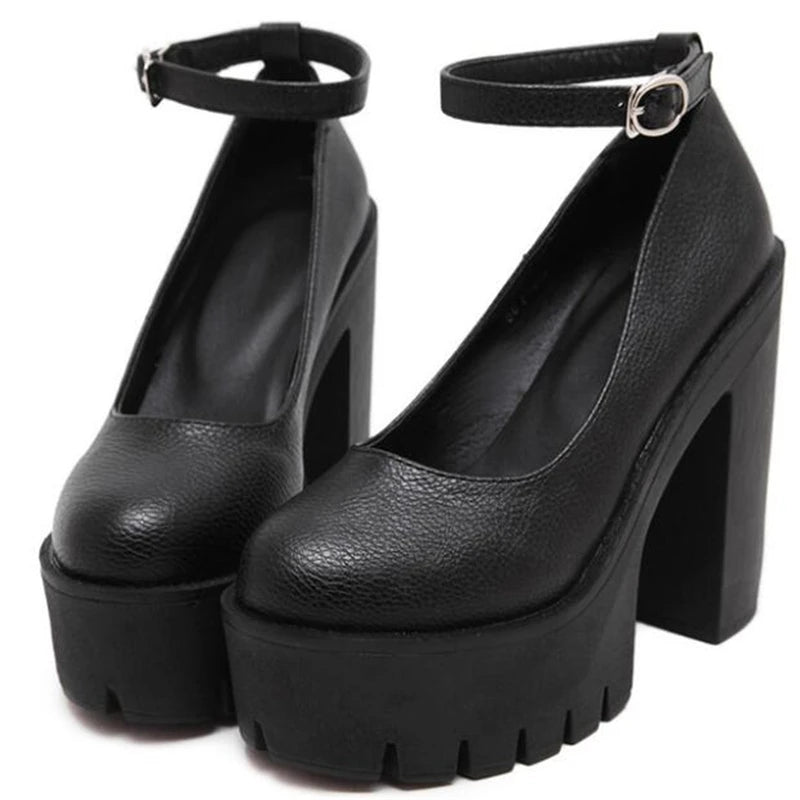 Woman Thick High Heels Shoes Ladies Sexy Platform Pumps Gothic Punk Style Ankle Strap Casual Shoes Dress Shoes for Women