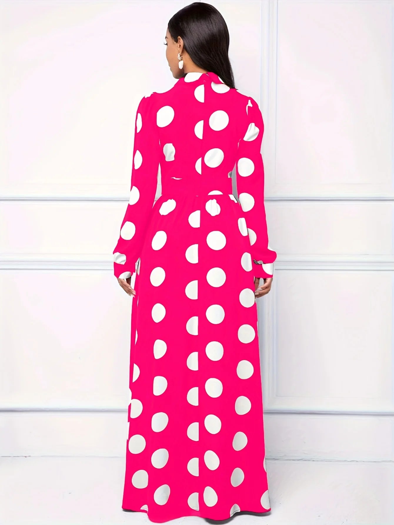 Casual Dresses Elegant Women Long Dress Sleeve Female Robe Bow Knot Polka Dots Girl's Vestidos Lady's Maxi Dresses