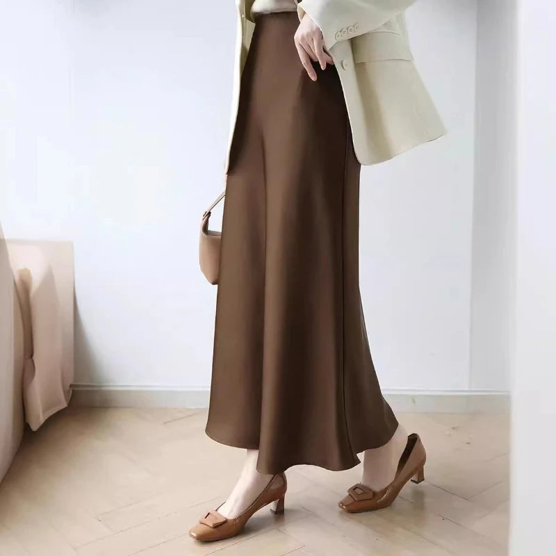 Long Skirts for Women High-waisted Thin Satin Acetate Silky Fishtail Skirt Korean Fashion Clothing Elegant Women's A-line Skirt