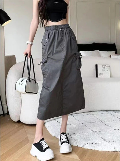 Skirts for Women Spring Summer Drawstring Workwear Half-body Skirt Split Mid-length Skirt Pure Color Package Hip One-Step Skirt