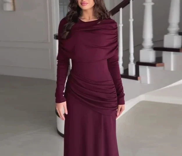 Womens Dresses  Spring New Round Neck Long Sleeves Elegant Temperament Ruched Waist Cinching Skinny Evening long Dress