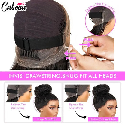 Invisi Strap Water Wave High 250 Density 360 Full Lace Front Kinky Curly Wig 30 inch Black Human Hair Drawstring Snug Preplucked
