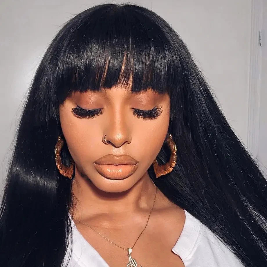 Wig With Bangs Bone Straight Human Hair Wigs For Women Brazilian Natural Cheap Full Machine Made Wigs 22 24 Inch Long Wig