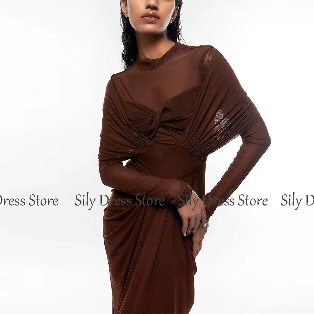 Classic Saudi Women's Evening Dresses Brown Pleat Formal Evening Column&Sheath High Collar Long Dresses 2024