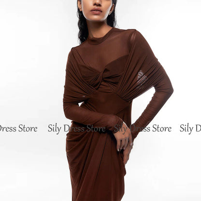 Classic Saudi Women's Evening Dresses Brown Pleat Formal Evening Column&Sheath High Collar Long Dresses 2024