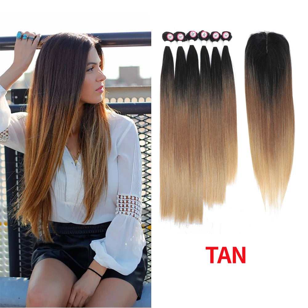 Synthetic Hair Weaving Bundles with 4*4 Clousure Lace Frontal Ombre Wig Natural Wave Straight Hair Extensions Soku Hair Weave
