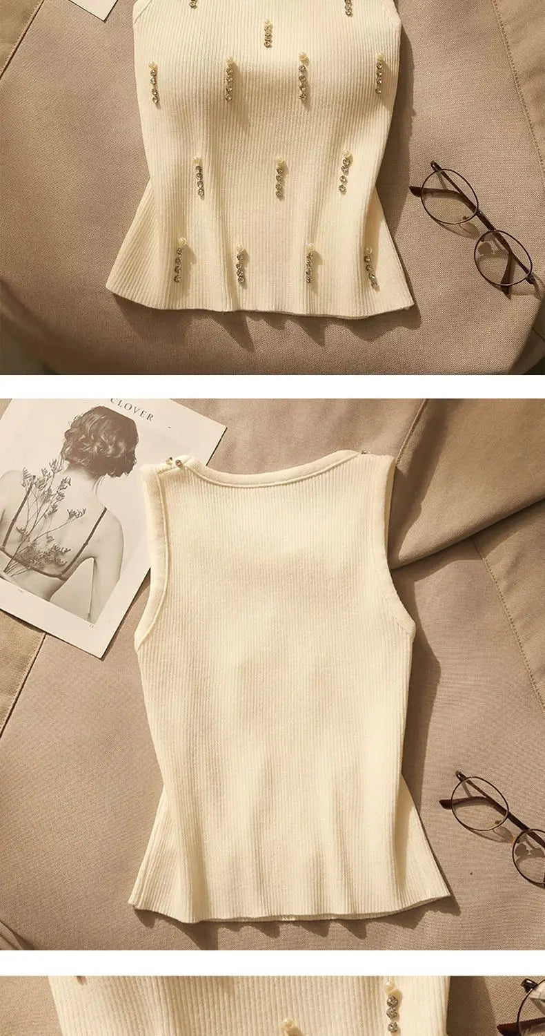 2025 New Women Vest Top Design Heavy Beads Diamonds Slim Vest Coat New Ice Silk Knitted Camisole Undershirt Women's Tops Summer