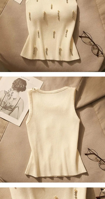 2025 New Women Vest Top Design Heavy Beads Diamonds Slim Vest Coat New Ice Silk Knitted Camisole Undershirt Women's Tops Summer