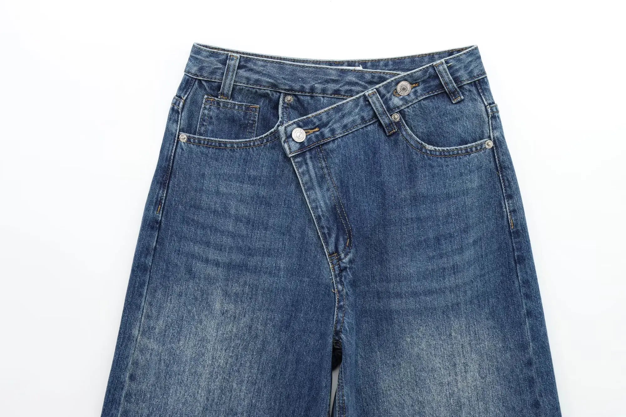 Women's new chic fashion asymmetrical waist design loose high waist wide leg jeans retro side pocket zipper women's denim pants