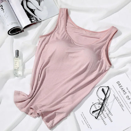 Women's Vest Tops With Built In Bra Neck Vest Padded Slim Fit Tank Tops Sexy Shirts Feminino Casual Underlay shirt slimming