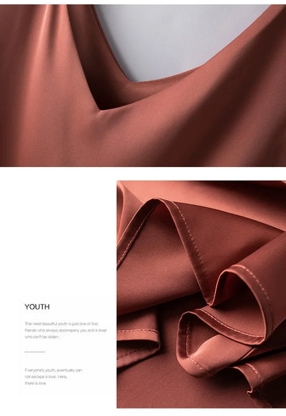 Woman T-shirts Elegant SILK Satin Blouse Sleeveless Female Summer 2023 Casual Loose Tanks and Camis Solid Green Tops for Women