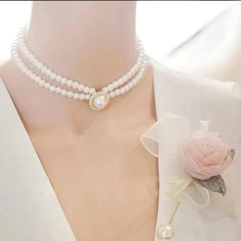 Women Elegant Pearl Double Layers Necklace Earrings Exquisite Vintage Classic Chains For Lady Party Wedding Retro Jewelry Choker