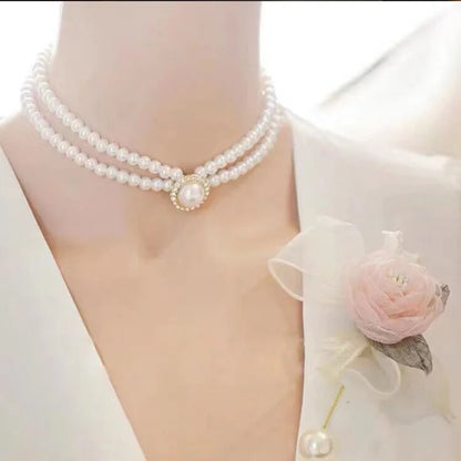 Women Elegant Pearl Double Layers Necklace Earrings Exquisite Vintage Classic Chains For Lady Party Wedding Retro Jewelry Choker