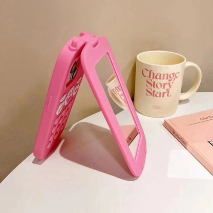 Cute 3D Hot Pink Bow Cellphone Model Flip Mirror Silicone Cases For iPhone 15 14 13 12 Pro Max 11 Shockproof Soft Cover Gifts