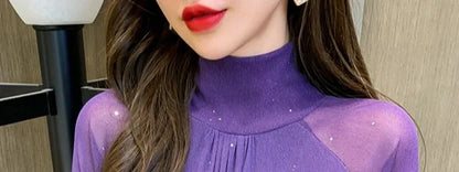 Tops Woman Autumn Winter Red Long Sleeve T Shirt for Women Rhinestone Turtleneck Glitter Sequin Cheap Clothes Elegant Clearance