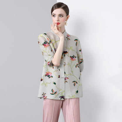 Pleated Tops for Women Summer Printed Shirts Loose Mom Wear Commuter Printed Short Sleeves Women Clothes