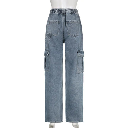 Women's Vintage Washed Loose Straight Low-Rise Elastic Waist Patchwork Cargo Jeans with Cuffed Pockets Trendy Streetwear Casual