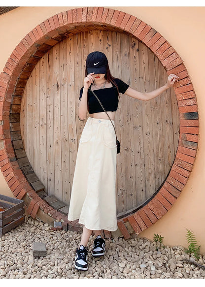 Apricot Denim Skirt Summer Women's 2024 New High Waist Slim Fashion Design Pocket Hip A-line Ankle-length Jean Skirt