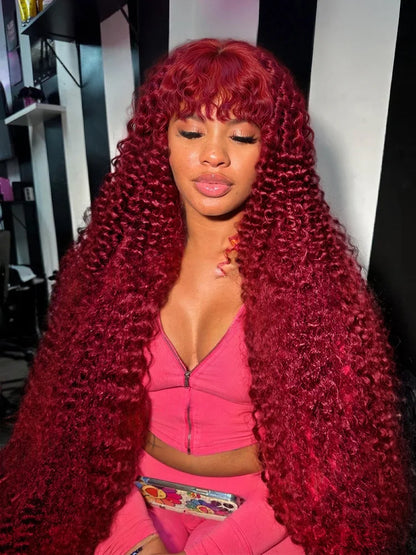Glueless 200% Density 99J Burgundy Full Machine Made Deep Wave Wig with Bangs Water Wave Red Curly Human Hair Wigs Wear and Go