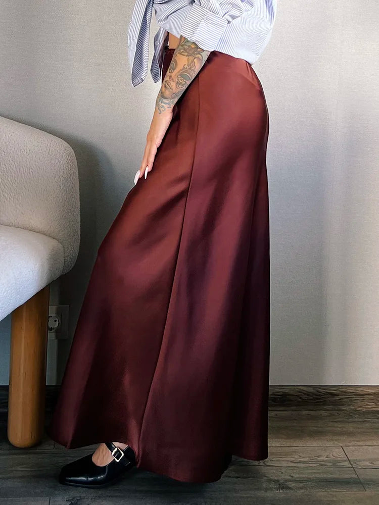 Long Black Satin Skirts Women For Work Summer Autumn Straight Brown Skirt Long Belt Coffee Formal Silk Maxi Skirt For Ladies