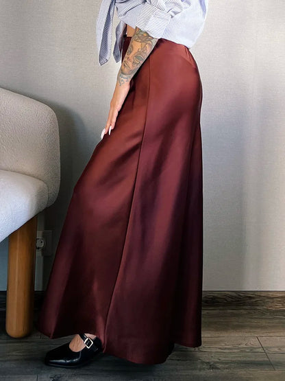 Long Black Satin Skirts Women For Work Summer Autumn Straight Brown Skirt Long Belt Coffee Formal Silk Maxi Skirt For Ladies