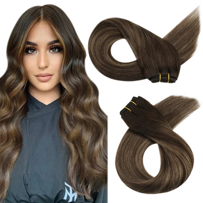 Moresoo Human Hair Bundles Weave in Double Wefted Machine Remy Hair Balayage Hair Pieces for Women Straight Weft Hair Extension