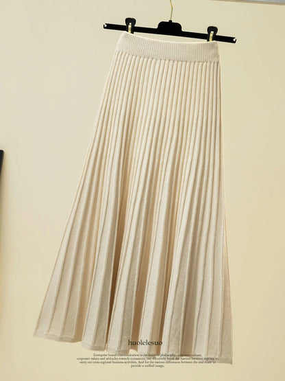 Knitted Skirts Women Autumn Thick Pleated Long Skirt Vintage High Waist Ribbed Female Solid Skirts Casual Streetwear 2025