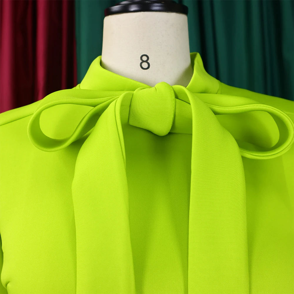 Elegant Dresses for Women Bow Collar Full Sleeve High Waisted A Line Mid Calf Luxury Female Birthday Party Dinner Vestidos Mujer