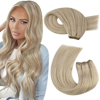 Moresoo Human Hair Bundles Weave in Double Wefted Machine Remy Hair Balayage Hair Pieces for Women Straight Weft Hair Extension