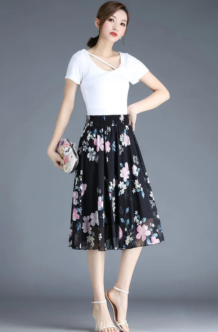 Skirts for Women Chiffon Woman Skirt Floral Midi Summer Casual New In Clothing Sales Modest Luxury Elegant High Quality V Cheap