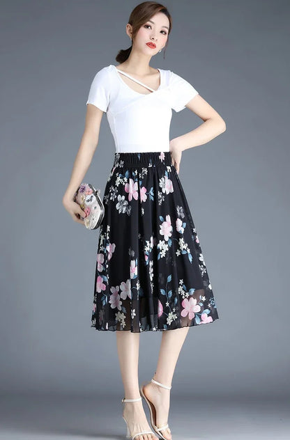 Skirts for Women Chiffon Woman Skirt Floral Midi Summer Casual New In Clothing Sales Modest Luxury Elegant High Quality V Cheap