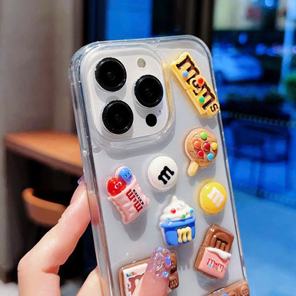 Super Cute M beans chocolate Phone Case for iPhone 16 15 14 13 12 11 Pro Max Cases Silicone Cover Transparent 3D Cartoon Funda