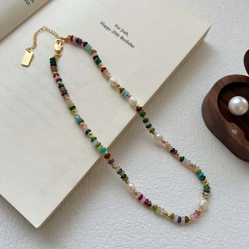High Quality Colorful Beads Stone Natural Freshwater Pearl Necklaces For Women Retro Gold Color Clavicle Chain Jewelry Gifts