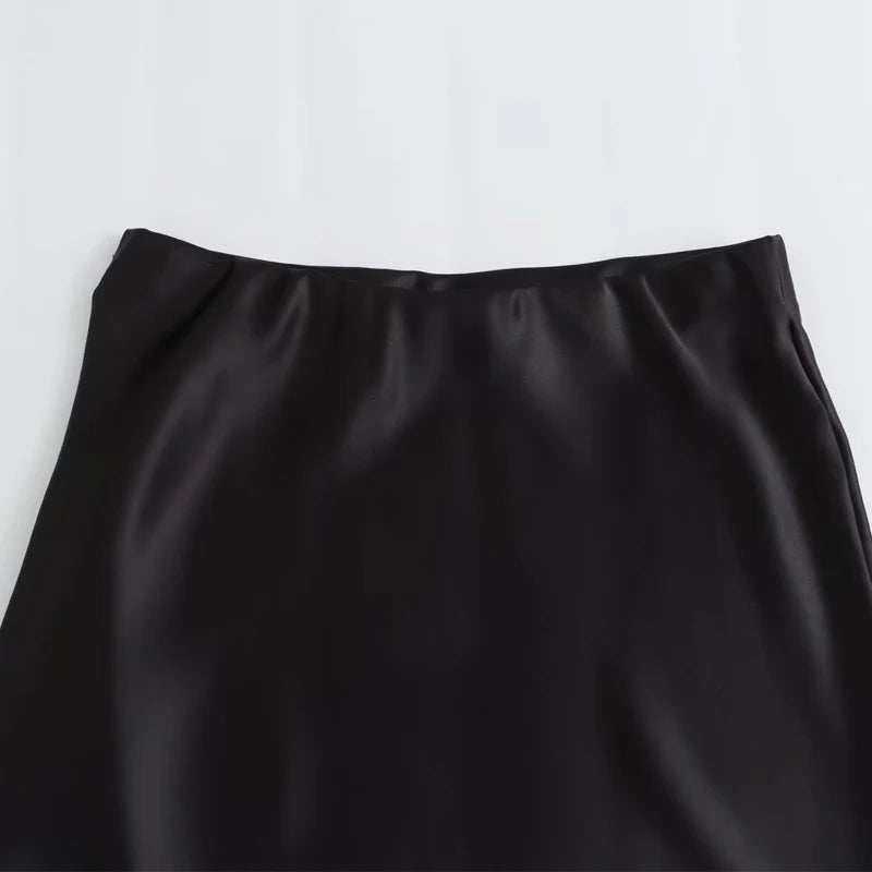 TRAF Women's Skirt Summer Elegant Satin Skirt Stylish Lady High Waist Skirts Cylinder Green Black Skirt Woman Office Street Wear