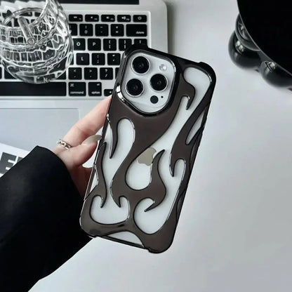 Fashion Plating 3D Hollowed Flame Phone Case For iPhone 16 15 14 13 12 11 Pro Max Fundas Creative Electroplated Soft Back Cover