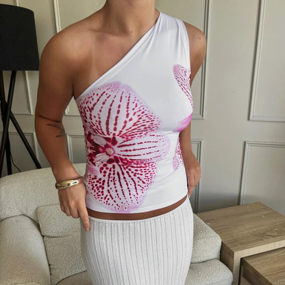 Women's Fashion One Shoulder Tops Slim Flower Print Slash Neck Backless Sleeveless Crop Shirt for Summer