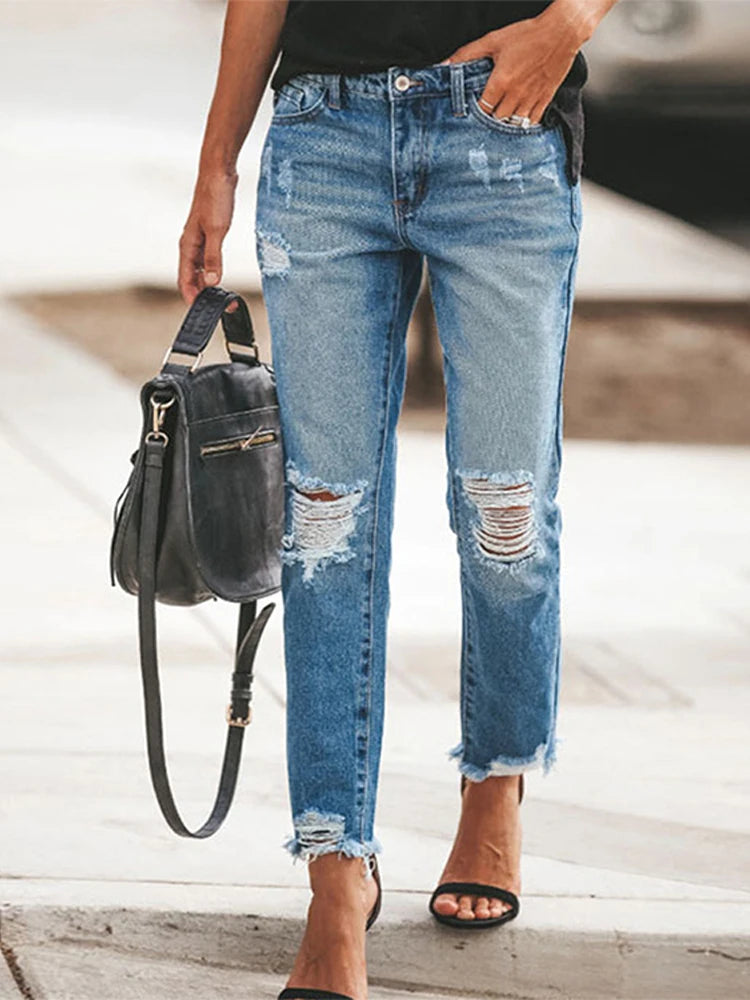 Women‘s Fashion Straight Jeans Casual High Waisted Washed Skinny Trousers Ripped Slim Pants For Lady Commuter 2025 Fashion Trend