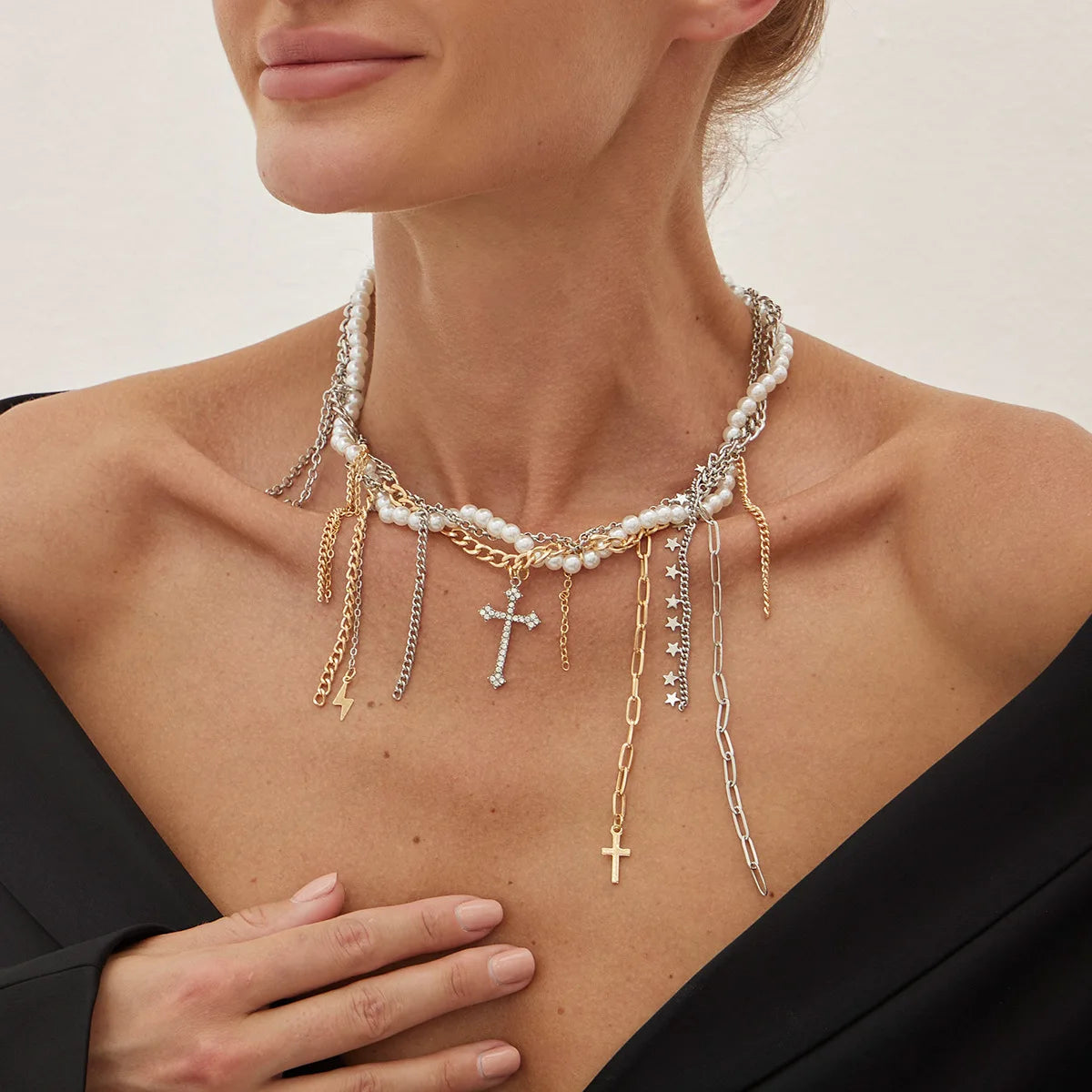 Necklaces for Women Heart-shaped Cross Imitation Pearl Tassel Long Necklace Colliers Femmes Girl Stuff