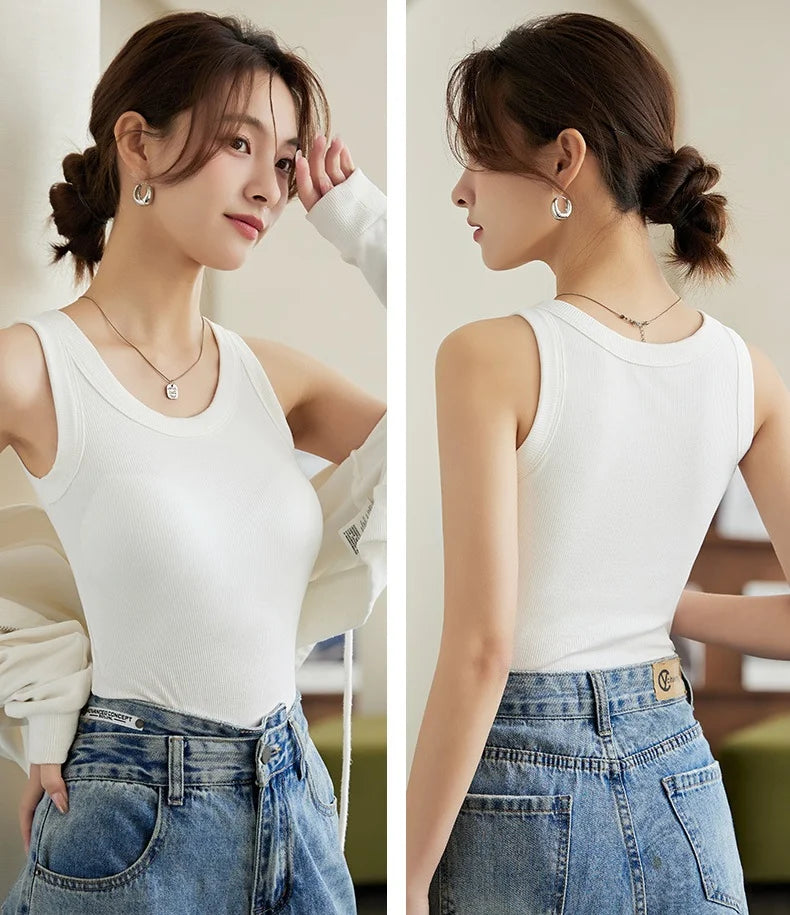 Women's Vest Tops With Built In Bra Neck Vest Padded Slim Fit Tank Tops Sexy Shirts Feminino Casual Underlay Shirt Slimming