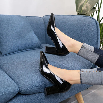 New Women's Work Shoes Pointed Toe Single Shoes with Chunky Heels Suitable for Office Cross Mirrored Big Size 33-43 Heels Women
