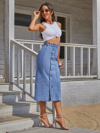 Women's Maxi Pencil Jean Skirt High Waisted A-Line Long Denim Skirts Ins Button Down Side Split Hem Stretch Blue Jean Skirt