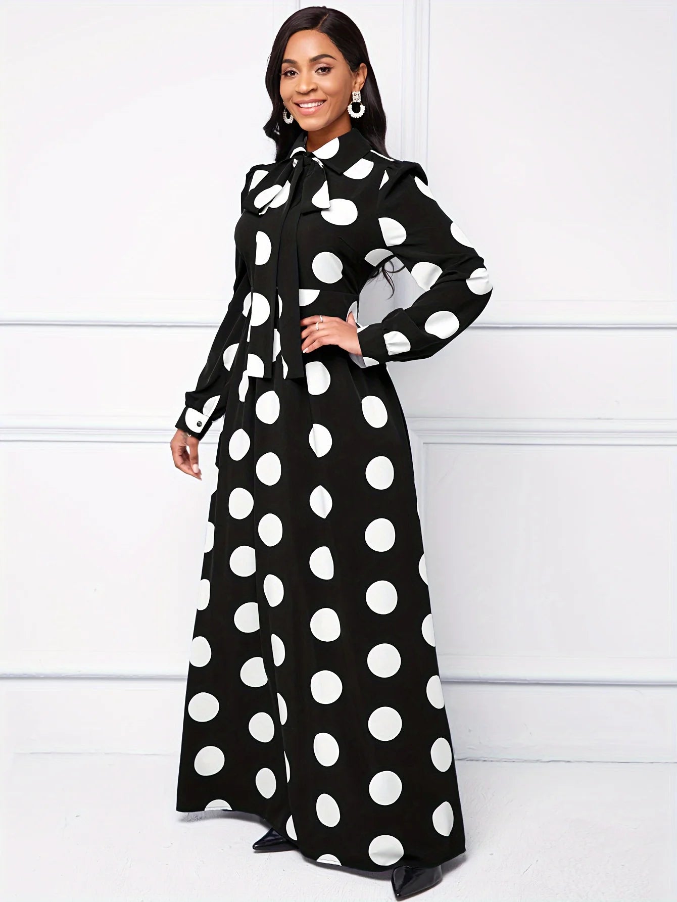 Casual Dresses Elegant Women Long Dress Sleeve Female Robe Bow Knot Polka Dots Girl's Vestidos Lady's Maxi Dresses