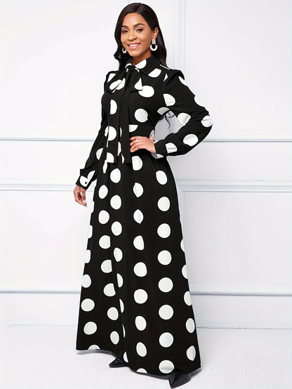 Casual Dresses Elegant Women Long Dress Sleeve Female Robe Bow Knot Polka Dots Girl's Vestidos Lady's Maxi Dresses