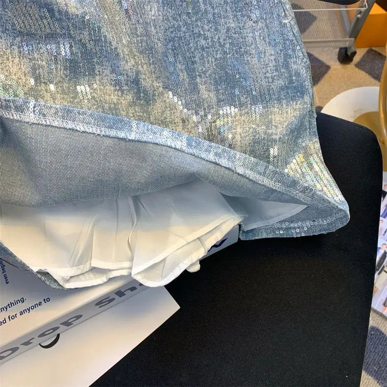 Blue Sequin Denim Skirt Jupe Femme Short Skirts for Women Korean Fashion Faldas Mujer Moda Spring Summer Y2k 2025 Casual High