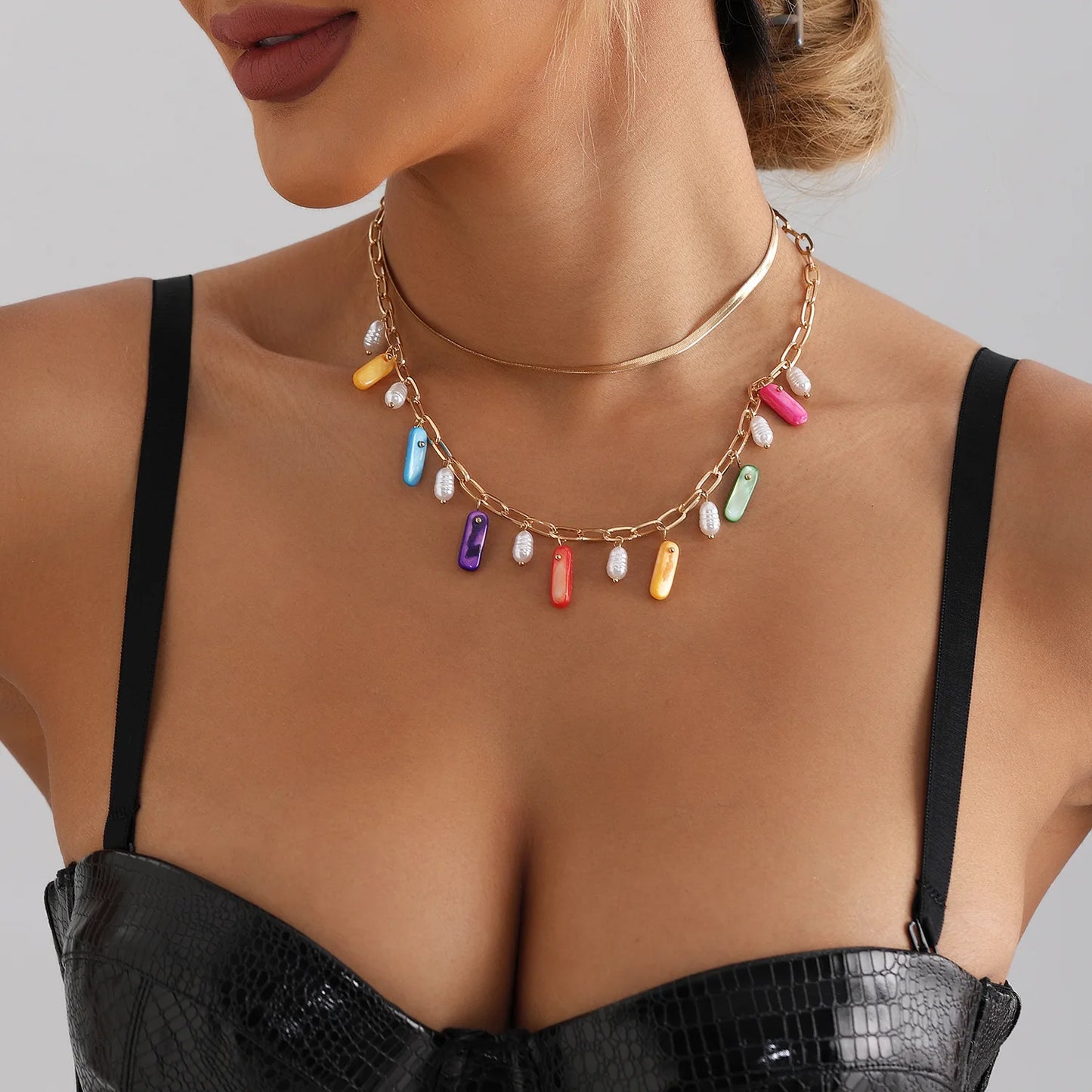 Women's pendant necklace natural geometric fashion imitation pearl jewelry color shell clavicle chain