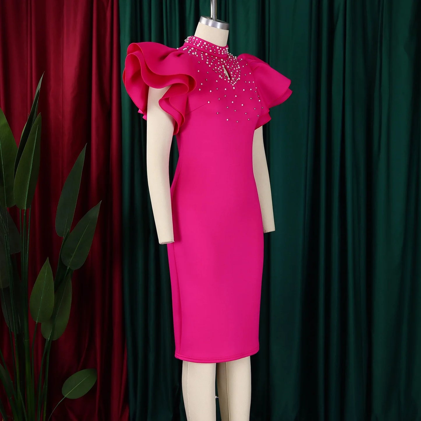 Elegant Dresses for Women O Neck Ruffles Sleeve Beaded Sheath Package Hips Mid Calf Luxury Birthday Party Dinner Vestidos Mujer