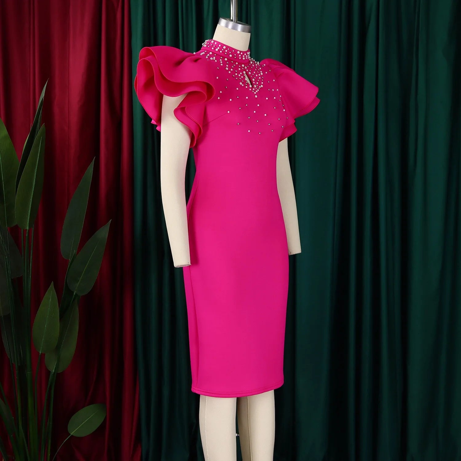 Elegant Dresses for Women O Neck Ruffles Sleeve Beaded Sheath Package Hips Mid Calf Luxury Birthday Party Dinner Vestidos Mujer