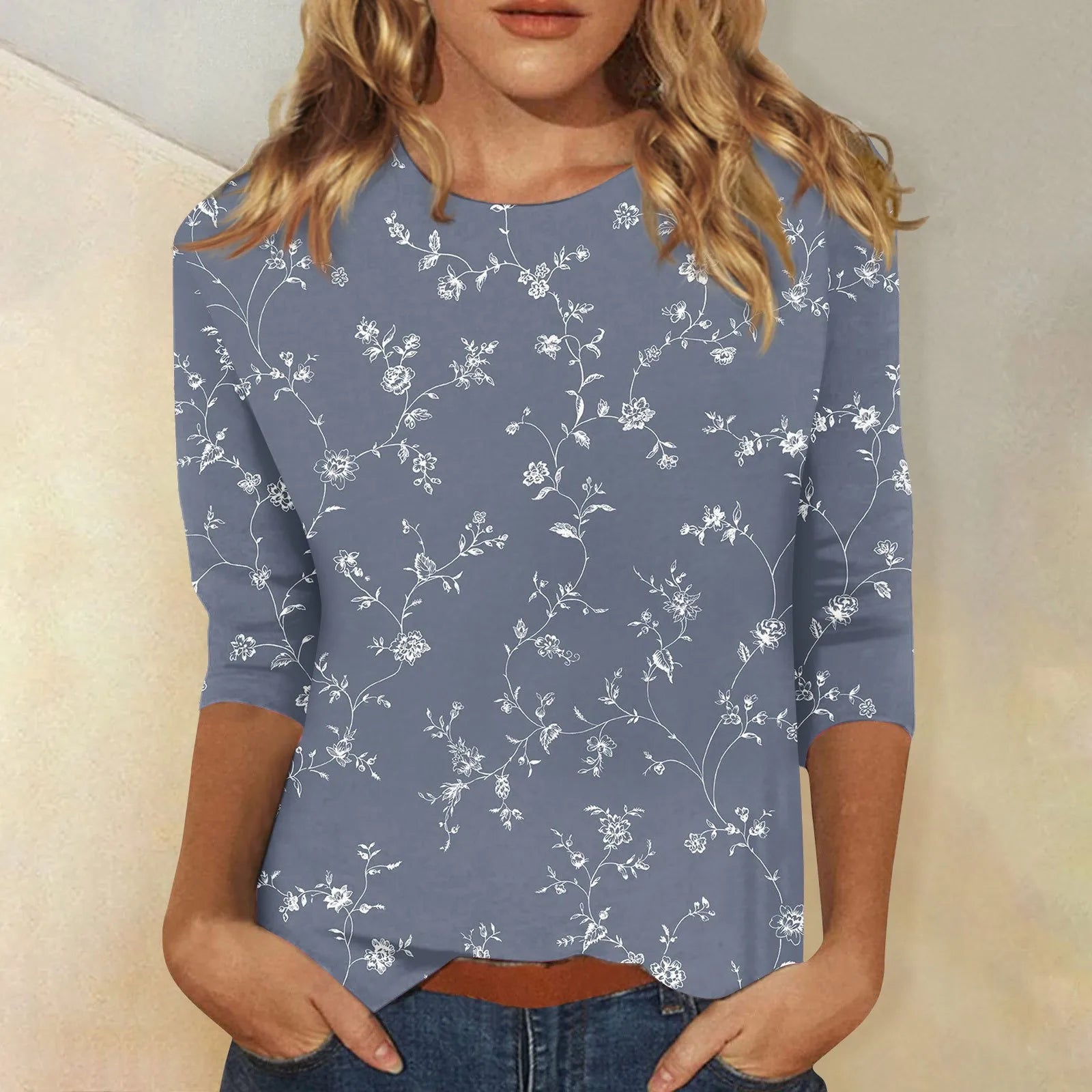 2024 Women Summer Tops Comfortable T Shirt Fashion Flower Print Round Neck 3/4 Sleeve Tops Soft Versatile Pullover Ropa De Mujer