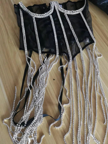Women Tunic Bras In Waist Corset Tops Fashion Diamond Luxury Diamond Tassel Corset Slim Vest Sexy Tmesh Sheer Top Female 2025