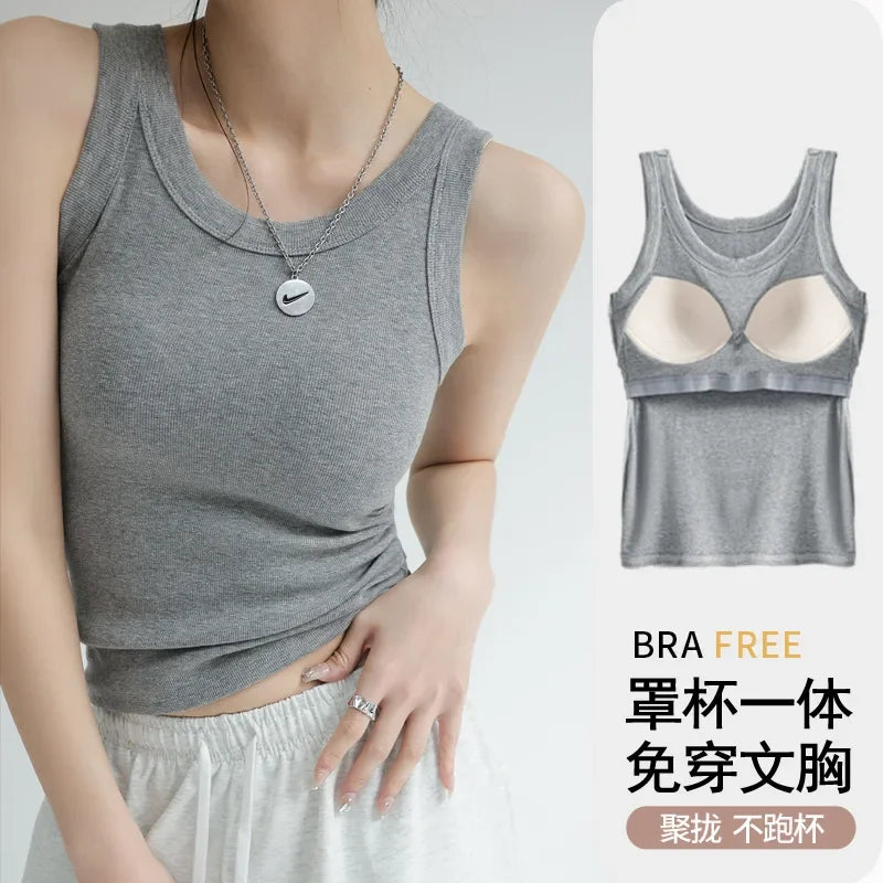 New Women Solid Round Neck Ribbed Tank Top Camisole Women Summer Basic Elastic TankTop One-piece Vest with Chest Pad Y2k